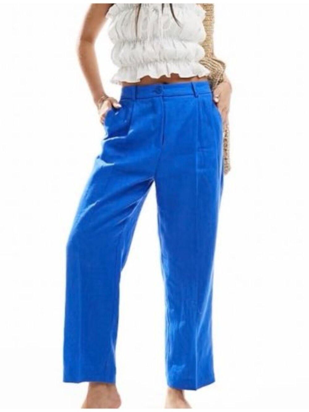 Mango 100% Linen Blue Elastic Back Slim Crop Pants Women US 4 EU 36